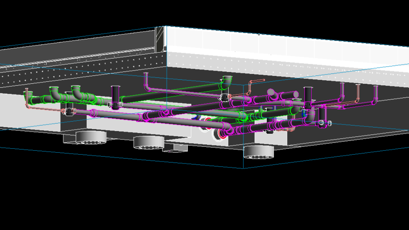 Plumbing model viewed below a ceiling after modification